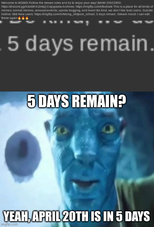 4/20 | 5 DAYS REMAIN? YEAH, APRIL 20TH IS IN 5 DAYS | image tagged in avatar guy | made w/ Imgflip meme maker