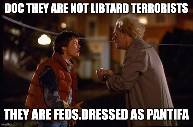 Doc | DOC THEY ARE NOT LIBTARD TERRORISTS; THEY ARE FEDS.DRESSED AS PANTIFA | image tagged in back to the future | made w/ Imgflip meme maker