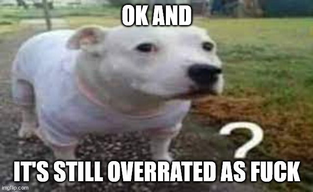 Question mark dog | OK AND IT'S STILL OVERRATED AS FUCK | image tagged in question mark dog | made w/ Imgflip meme maker