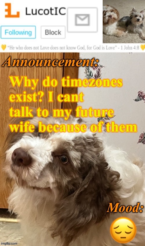 . | Why do timezones exist? I cant talk to my future wife because of them; 😔 | image tagged in lucotic s fangz announcement temp thanks strike | made w/ Imgflip meme maker
