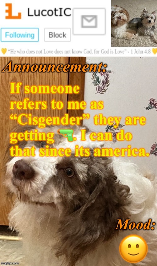 . | If someone refers to me as “Cisgender” they are getting 🔫. I can do that since its america. 🙂 | image tagged in lucotic s fangz announcement temp thanks strike | made w/ Imgflip meme maker