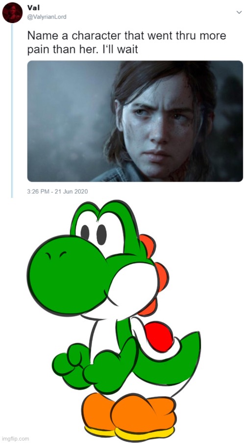 THIS MF HAS BEEN DROPPED IN A PIT MULTIPLE TIMES YOU CANT SEE THE SADNESS IN HIM | image tagged in name one character who went through more pain than her | made w/ Imgflip meme maker