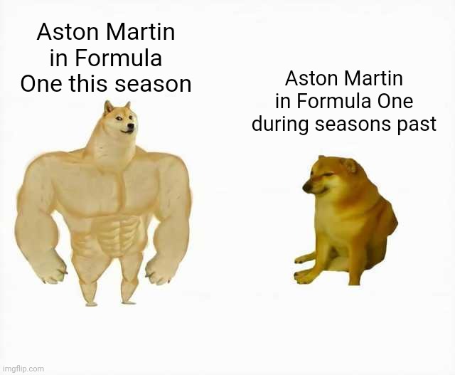 Strong dog vs weak dog | Aston Martin in Formula One this season; Aston Martin in Formula One during seasons past | image tagged in strong dog vs weak dog,formula 1 | made w/ Imgflip meme maker