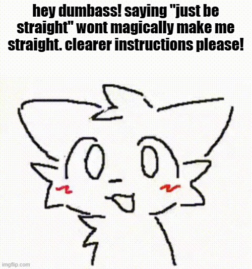 ooo you like boys | hey dumbass! saying "just be straight" wont magically make me straight. clearer instructions please! | image tagged in ooo you like boys | made w/ Imgflip meme maker