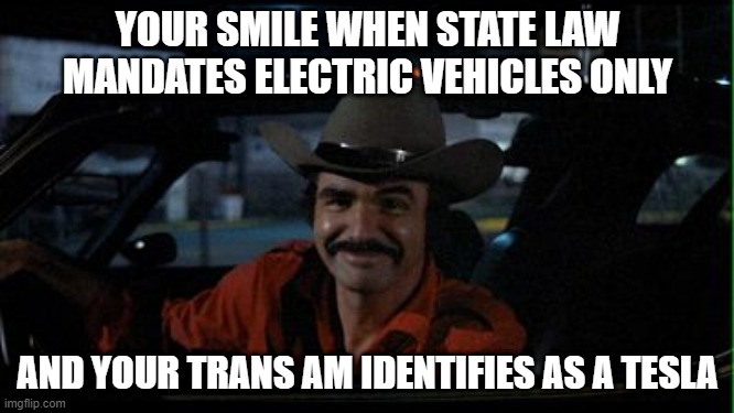 That time you gave up and joined the trans movement | YOUR SMILE WHEN STATE LAW MANDATES ELECTRIC VEHICLES ONLY; AND YOUR TRANS AM IDENTIFIES AS A TESLA | image tagged in smokey and the bandit smile,electric vehicles,climate change,green bill act,trans,pollution | made w/ Imgflip meme maker