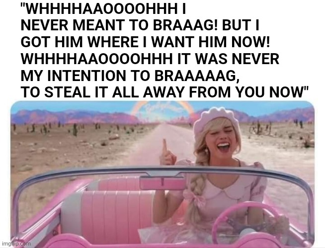 misery business | "WHHHHAAOOOOHHH I NEVER MEANT TO BRAAAG! BUT I GOT HIM WHERE I WANT HIM NOW! WHHHHAAOOOOHHH IT WAS NEVER MY INTENTION TO BRAAAAAG, TO STEAL IT ALL AWAY FROM YOU NOW" | image tagged in barbie | made w/ Imgflip meme maker