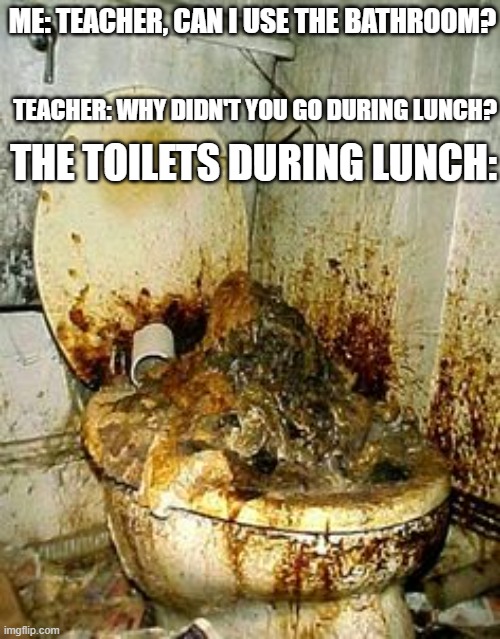 Use the bathroom BEFORE lunch | ME: TEACHER, CAN I USE THE BATHROOM? TEACHER: WHY DIDN'T YOU GO DURING LUNCH? THE TOILETS DURING LUNCH: | image tagged in public bathroom | made w/ Imgflip meme maker