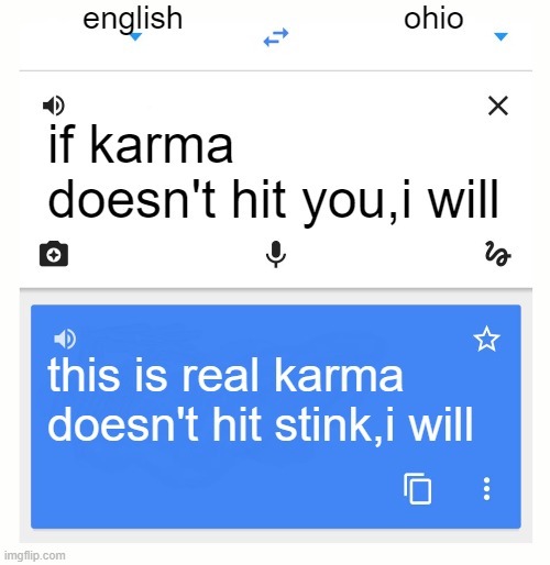 Google Translate | english; ohio; if karma doesn't hit you,i will; this is real karma doesn't hit stink,i will | image tagged in google translate | made w/ Imgflip meme maker