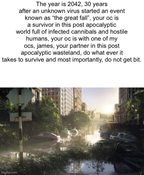 A remastered version of one of my rps I did (rules in comments) | The year is 2042, 30 years after an unknown virus started an event known as “the great fall”, your oc is a survivor in this post apocalyptic world full of infected cannibals and hostile humans, your oc is with one of my ocs, james, your partner in this post apocalyptic wasteland, do what ever it takes to survive and most importantly, do not get bit. | image tagged in the last of us,roleplaying,zombies | made w/ Imgflip meme maker