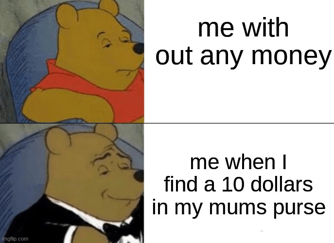 true | me with out any money; me when I find a 10 dollars in my mums purse | image tagged in memes,tuxedo winnie the pooh | made w/ Imgflip meme maker