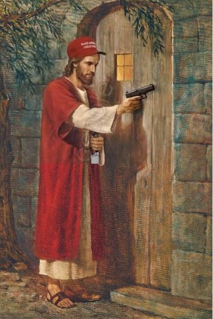 MAGA HAT JESUS KNOCKS AT DOOR WITH A GUN Blank Meme Template