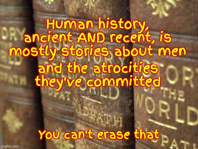 His Story | Human history, ancient AND recent, is mostly stories about men; and the atrocities they've committed; You can't erase that | image tagged in history books,violence,abuse,memes,atrocities,and that's a fact | made w/ Imgflip meme maker