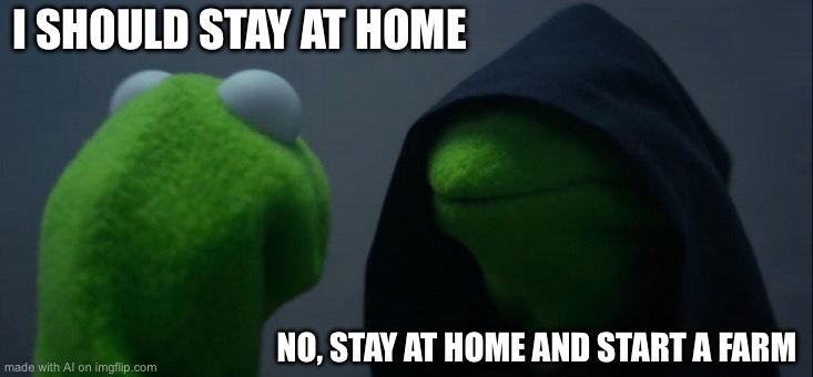 Evil Kermit | I SHOULD STAY AT HOME; NO, STAY AT HOME AND START A FARM | image tagged in memes,evil kermit | made w/ Imgflip meme maker