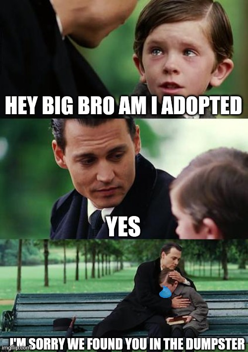 Big siblings be like | HEY BIG BRO AM I ADOPTED; YES; I'M SORRY WE FOUND YOU IN THE DUMPSTER | image tagged in memes,finding neverland,big sibs,big sibling | made w/ Imgflip meme maker