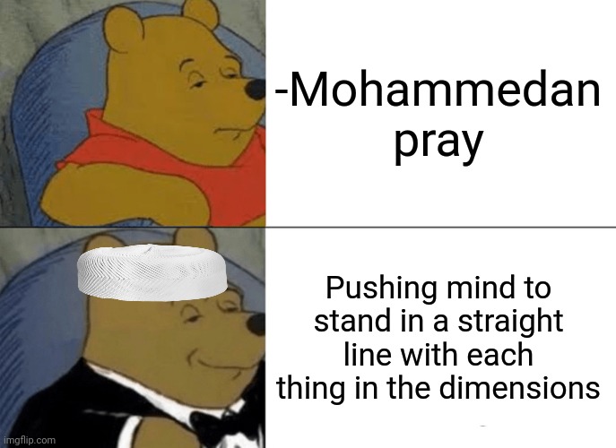 -Not forgetting about any of 'em. | -Mohammedan pray; Pushing mind to stand in a straight line with each thing in the dimensions | image tagged in memes,tuxedo winnie the pooh,god religion universe,ordinary muslim man,thoughts and prayers,reality check | made w/ Imgflip meme maker