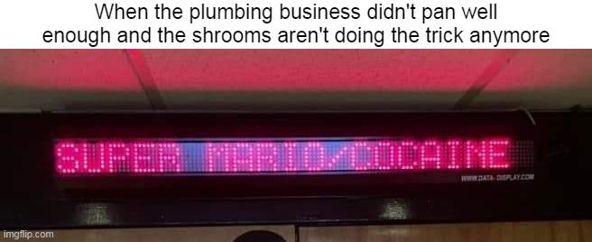 When the plumbing business didn't pan well enough and the shrooms aren't doing the trick anymore | image tagged in meme,memes,funny,signs,mario | made w/ Imgflip meme maker