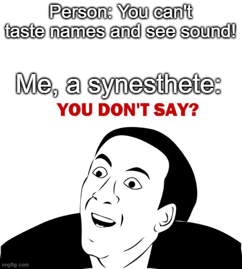 You Don't Say | Person: You can't taste names and see sound! Me, a synesthete: | image tagged in memes,you don't say | made w/ Imgflip meme maker