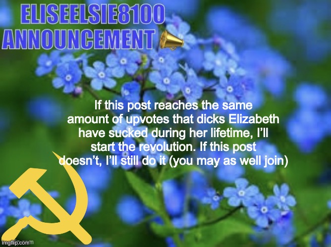 This is a warning | If this post reaches the same amount of upvotes that dicks Elizabeth have sucked during her lifetime, I’ll start the revolution. If this post doesn’t, I’ll still do it (you may as well join) | image tagged in elizabeth won t shut up about antisemitism so i won t shut up ab | made w/ Imgflip meme maker