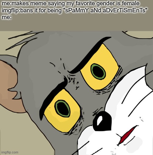 i literally don't understand, imgflip! | me:makes meme saying my favorite gender is female
imgflip:bans it for being "sPaMmY aNd aDvErTiSmEnTs"
me: | image tagged in memes,unsettled tom | made w/ Imgflip meme maker