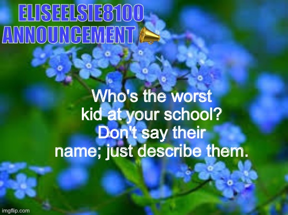 EliseElsie8100 Announcement | Who's the worst kid at your school? Don't say their name; just describe them. | image tagged in eliseelsie8100 announcement | made w/ Imgflip meme maker