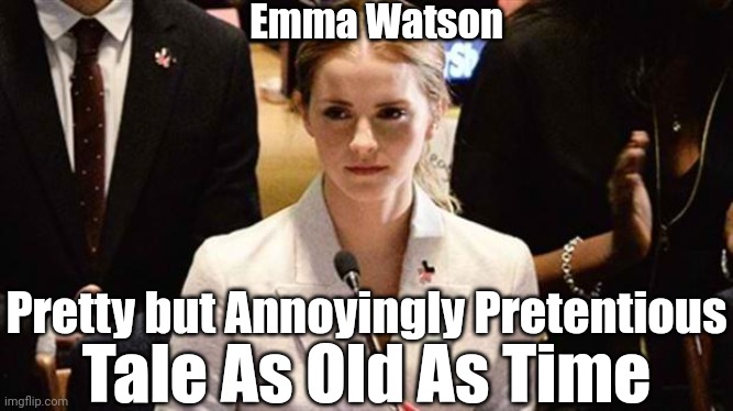 emma watson speech | Emma Watson; Pretty but Annoyingly Pretentious; Tale As Old As Time | image tagged in emma watson speech | made w/ Imgflip meme maker