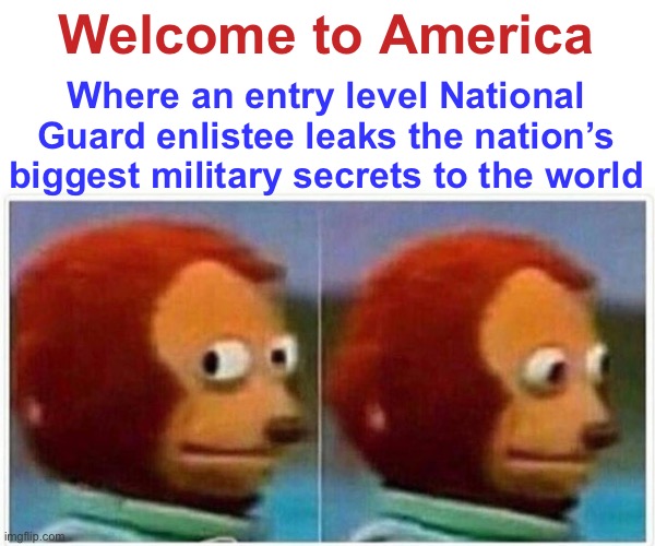 Monkey Puppet Meme | Welcome to America; Where an entry level National Guard enlistee leaks the nation’s biggest military secrets to the world | image tagged in memes,monkey puppet,new normal | made w/ Imgflip meme maker
