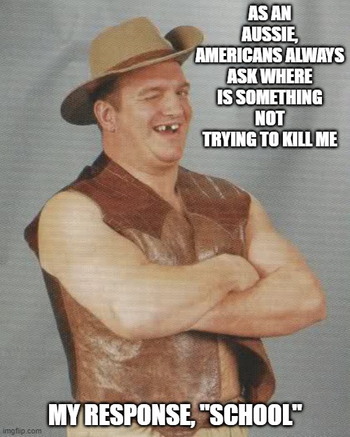 Safety Down Under | AS AN AUSSIE, AMERICANS ALWAYS ASK WHERE IS SOMETHING NOT TRYING TO KILL ME; MY RESPONSE, "SCHOOL" | image tagged in aussie guy | made w/ Imgflip meme maker