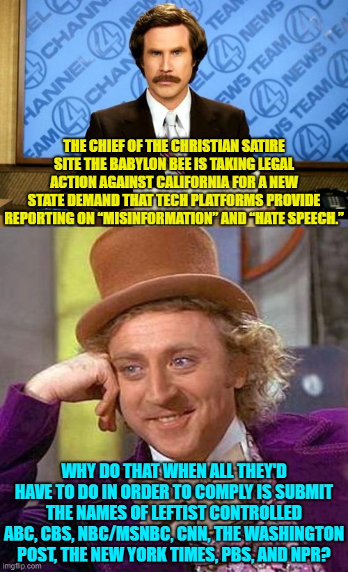 Seriously, there's the sources of the nation's Misinformation and Hate Speech. | THE CHIEF OF THE CHRISTIAN SATIRE SITE THE BABYLON BEE IS TAKING LEGAL ACTION AGAINST CALIFORNIA FOR A NEW STATE DEMAND THAT TECH PLATFORMS PROVIDE REPORTING ON “MISINFORMATION” AND “HATE SPEECH.”; WHY DO THAT WHEN ALL THEY'D HAVE TO DO IN ORDER TO COMPLY IS SUBMIT THE NAMES OF LEFTIST CONTROLLED ABC, CBS, NBC/MSNBC, CNN, THE WASHINGTON POST, THE NEW YORK TIMES, PBS, AND NPR? | image tagged in truth | made w/ Imgflip meme maker