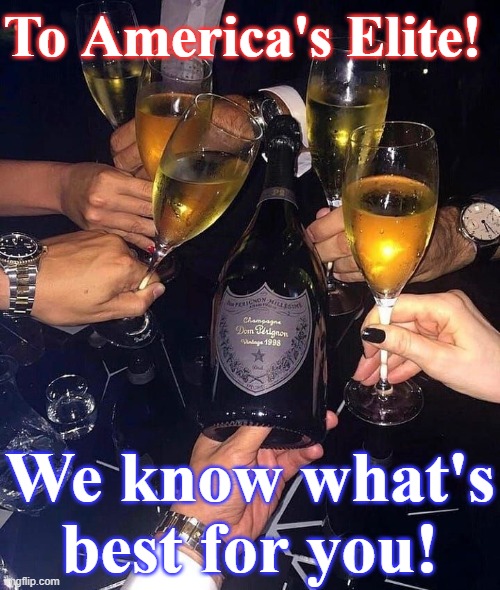 Liberal and Conservative Elitists - Cheers! We know what's best for you | To America's Elite! We know what's best for you! | image tagged in rich toasting cheers elitism liberals conservatives usa jpp,republican,democrat,elitism,authoritarianism,usa | made w/ Imgflip meme maker