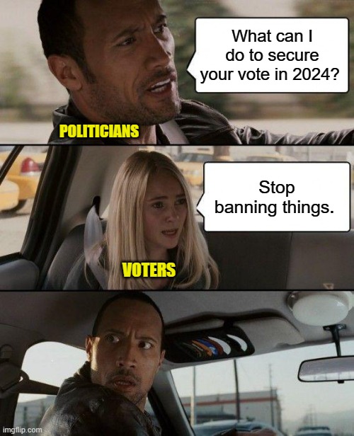 Dear politicians, stop banning things | What can I do to secure your vote in 2024? POLITICIANS; Stop banning things. VOTERS | image tagged in memes,the rock driving,less government,get out of people's private lives,stop authoritarianism | made w/ Imgflip meme maker