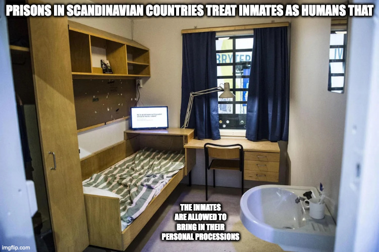 Prison Cell in Scandinavian Countries | PRISONS IN SCANDINAVIAN COUNTRIES TREAT INMATES AS HUMANS THAT; THE INMATES ARE ALLOWED TO BRING IN THEIR PERSONAL PROCESSIONS | image tagged in prison,memes | made w/ Imgflip meme maker