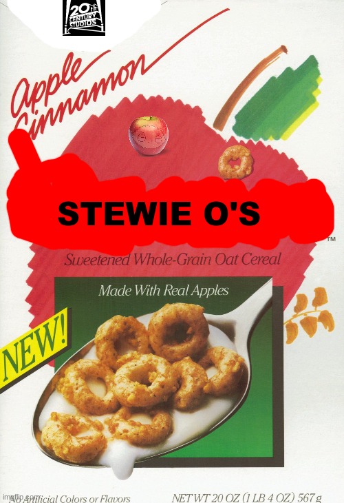 apple cinnamon stewie o's | STEWIE O'S | image tagged in memes,cereal,fake,family guy,disney,20th century fox | made w/ Imgflip meme maker