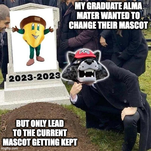 Alma Mater Mascot Change | MY GRADUATE ALMA MATER WANTED TO CHANGE THEIR MASCOT; BUT ONLY LEAD TO THE CURRENT MASCOT GETTING KEPT | image tagged in college,mascot,memes | made w/ Imgflip meme maker