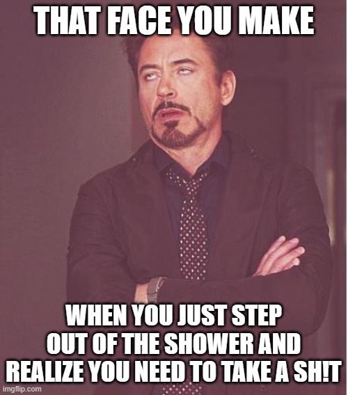 Face You Make Robert Downey Jr Meme | THAT FACE YOU MAKE; WHEN YOU JUST STEP OUT OF THE SHOWER AND REALIZE YOU NEED TO TAKE A SH!T | image tagged in memes,face you make robert downey jr | made w/ Imgflip meme maker