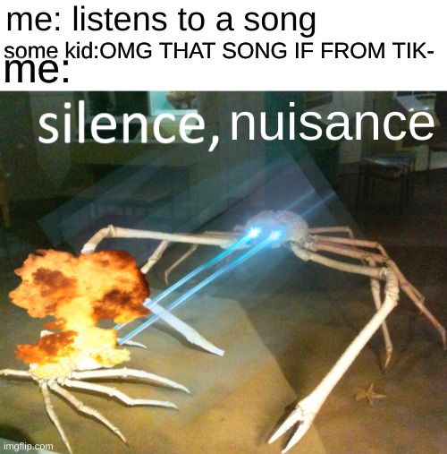 DON'T SAY IT!! | me: listens to a song; some kid:OMG THAT SONG IF FROM TIK-; me:; nuisance | image tagged in silence crab | made w/ Imgflip meme maker