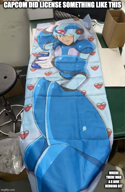 Mega Man X Pillow | CAPCOM DID LICENSE SOMETHING LIKE THIS; WHERE THERE WAS A X DIVE BEDDING SET | image tagged in megaman,megaman x,memes,x | made w/ Imgflip meme maker