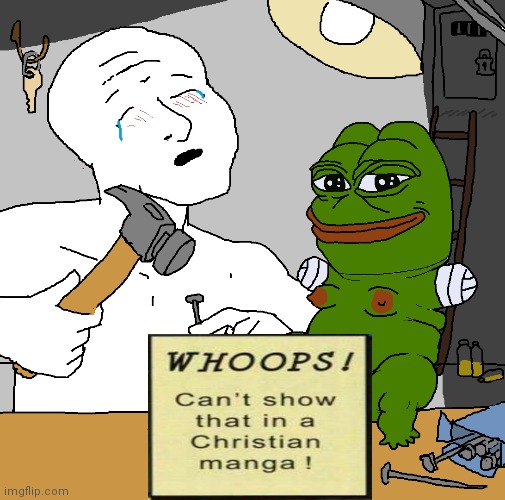 Wojak nails Pepe's wiener (censored) | image tagged in wojak,pepe the frog,hammer,crying,nails,can't show that in a christian manga | made w/ Imgflip meme maker