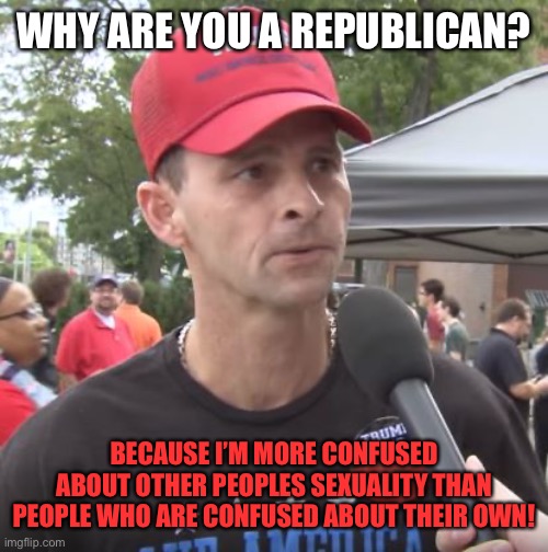 Trump supporter | WHY ARE YOU A REPUBLICAN? BECAUSE I’M MORE CONFUSED ABOUT OTHER PEOPLES SEXUALITY THAN PEOPLE WHO ARE CONFUSED ABOUT THEIR OWN! | image tagged in trump supporter | made w/ Imgflip meme maker