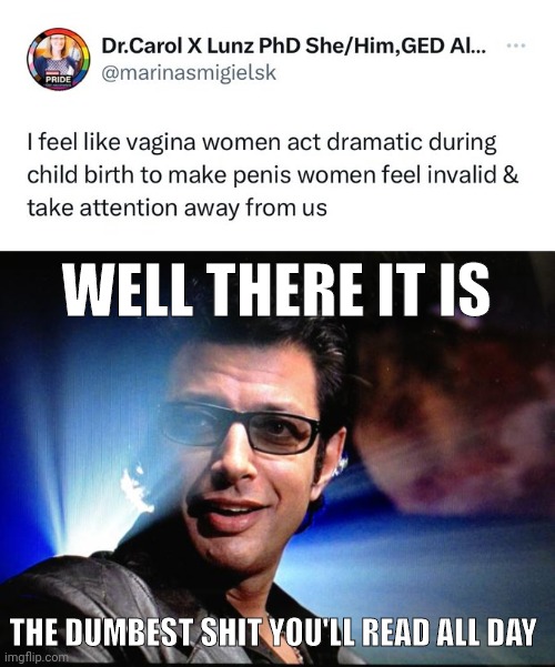 Just shut up. | WELL THERE IT IS; THE DUMBEST SHIT YOU'LL READ ALL DAY | image tagged in ian malcolm | made w/ Imgflip meme maker