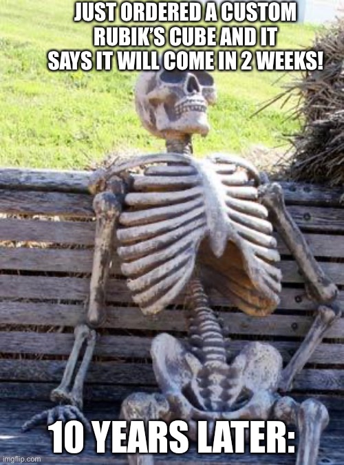 When will it come? | JUST ORDERED A CUSTOM RUBIK’S CUBE AND IT SAYS IT WILL COME IN 2 WEEKS! 10 YEARS LATER: | image tagged in memes,waiting skeleton | made w/ Imgflip meme maker