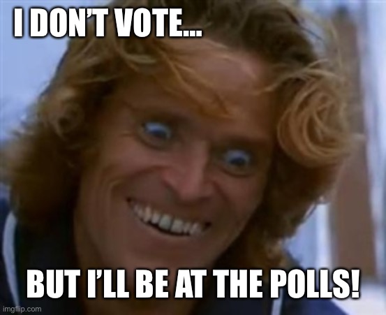 Willem Dafoe  | I DON’T VOTE… BUT I’LL BE AT THE POLLS! | image tagged in willem dafoe | made w/ Imgflip meme maker