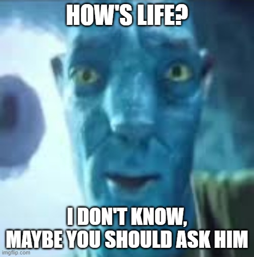 Life | HOW'S LIFE? I DON'T KNOW, MAYBE YOU SHOULD ASK HIM | image tagged in avatar stare,avatar,way of water,avatar guy staring,how's life,life | made w/ Imgflip meme maker