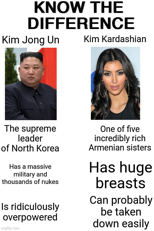 Comparing the two Kims! | Kim Kardashian; Kim Jong Un; One of five incredibly rich Armenian sisters; The supreme leader of North Korea; Has a massive military and thousands of nukes; Has huge breasts; Is ridiculously overpowered; Can probably be taken down easily | image tagged in know the difference,kim jong un,kim kardashian | made w/ Imgflip meme maker