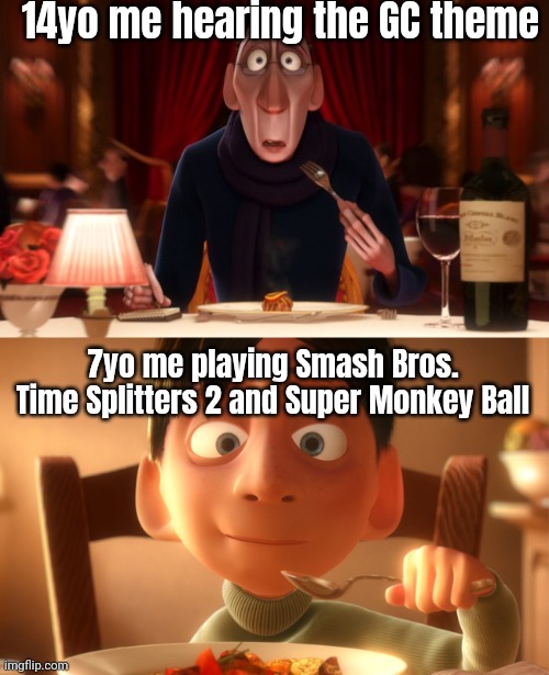 Nostalgia | 14yo me hearing the GC theme 7yo me playing Smash Bros. Time Splitters 2 and Super Monkey Ball | image tagged in nostalgia | made w/ Imgflip meme maker