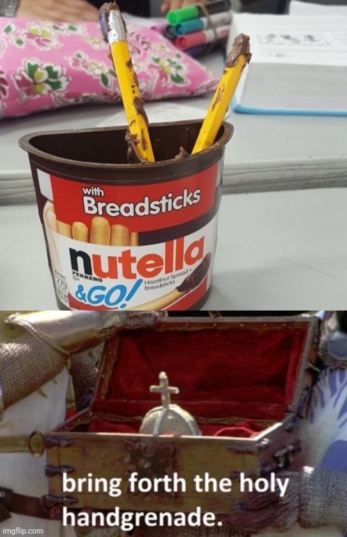 Pencils as breadsticks on Nutella | image tagged in bring forth the holy hand grenade,pencils,pencil,nutella,cursed image,memes | made w/ Imgflip meme maker