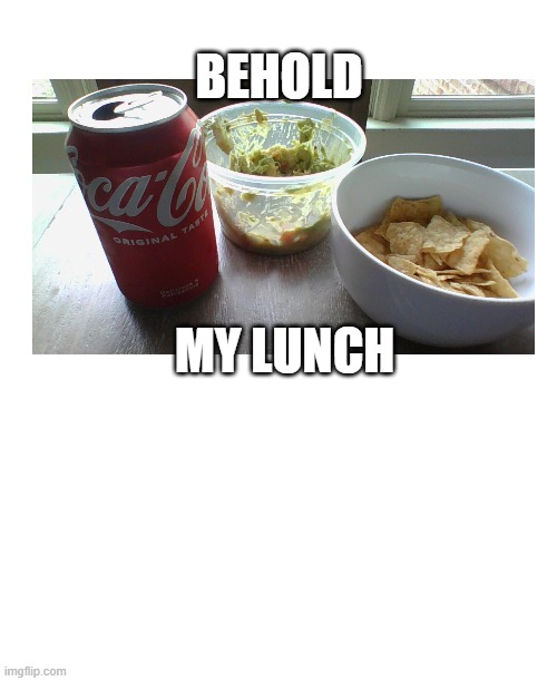 chips and guac and coca cola; my lunch | BEHOLD; MY LUNCH | image tagged in lunch,guacamole | made w/ Imgflip meme maker