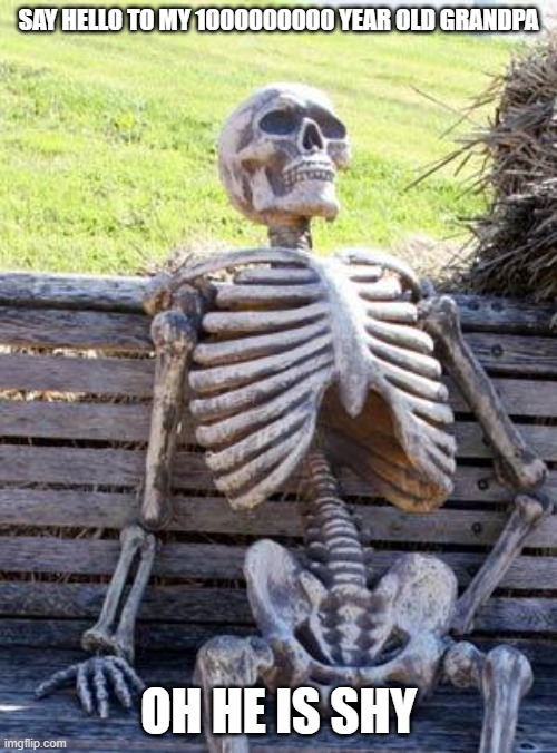 Waiting Skeleton | SAY HELLO TO MY 1000000000 YEAR OLD GRANDPA; OH HE IS SHY | image tagged in memes,waiting skeleton | made w/ Imgflip meme maker