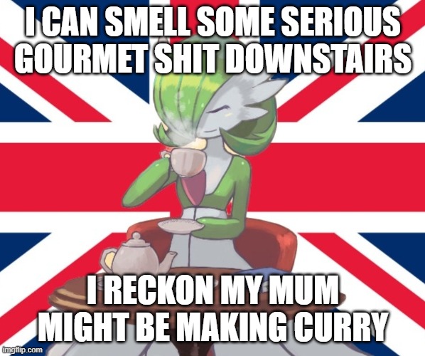 Gardi the Bri'ish | I CAN SMELL SOME SERIOUS GOURMET SHIT DOWNSTAIRS; I RECKON MY MUM MIGHT BE MAKING CURRY | image tagged in gardi the bri'ish | made w/ Imgflip meme maker