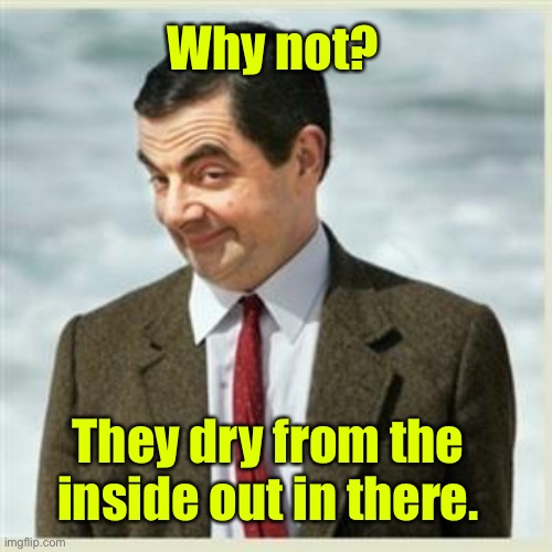 Mr Bean Smirk | They dry from the inside out in there. Why not? | image tagged in mr bean smirk | made w/ Imgflip meme maker