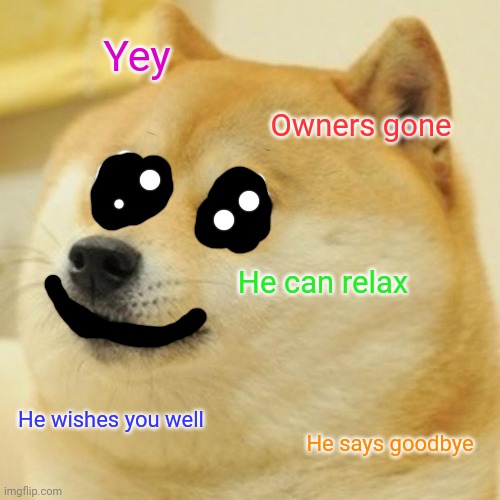 Let's go | Yey; Owners gone; He can relax; He wishes you well; He says goodbye | image tagged in memes,doge | made w/ Imgflip meme maker